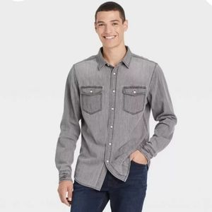 Men's Denim Long Sleeve Botton-Down Shirt Standard Fit- Gray- Large